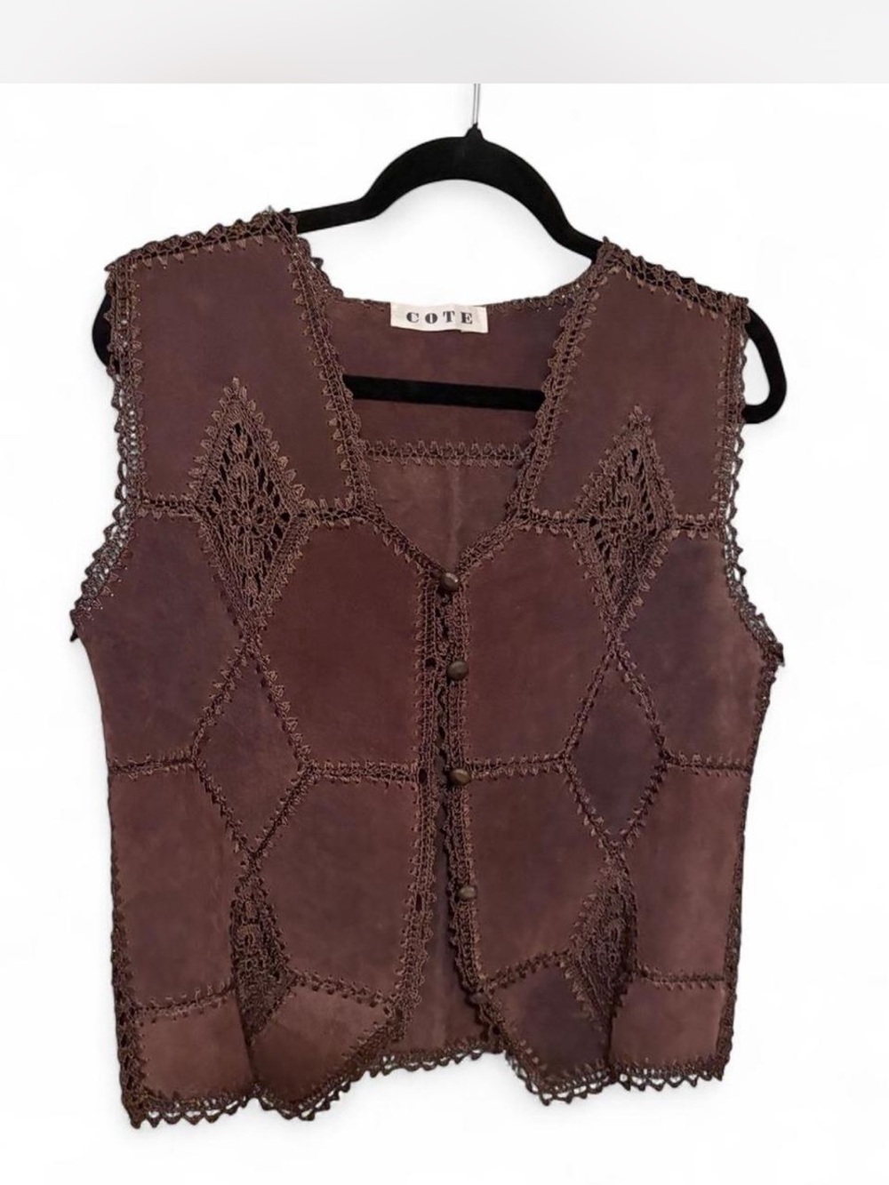 Cote Women's Brown Suede Crochet Trim Vest